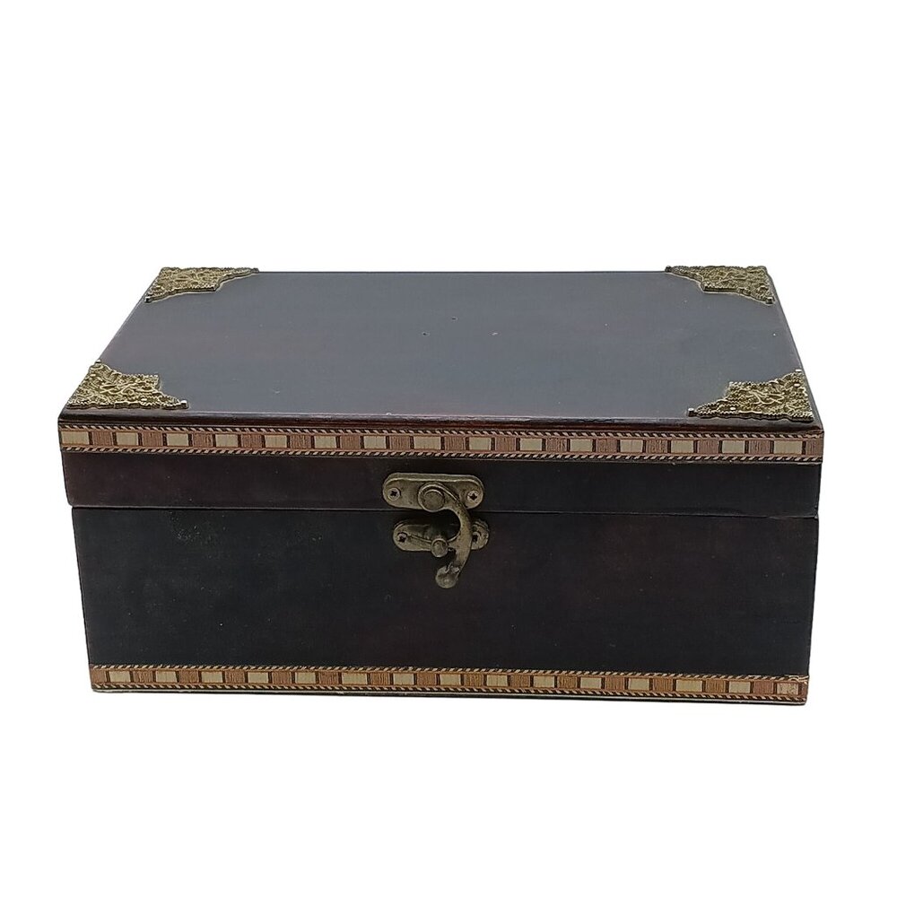 Vintage Wooden Jewelry Box With Brass Accents & Latch
